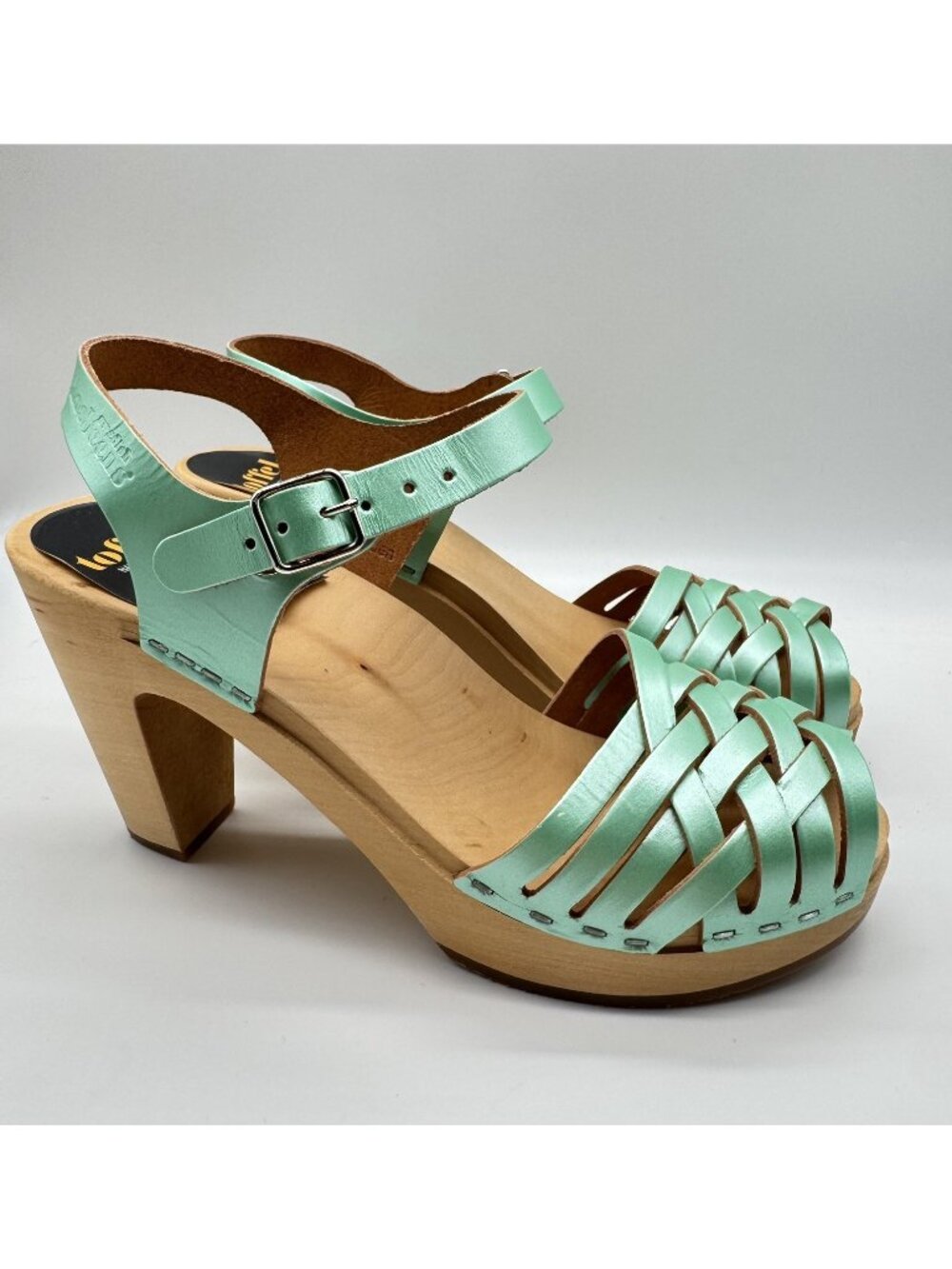 Swedish Hasbeens Women’s US 7 37 Mint Leather Braided Sky High Sandals Wood New